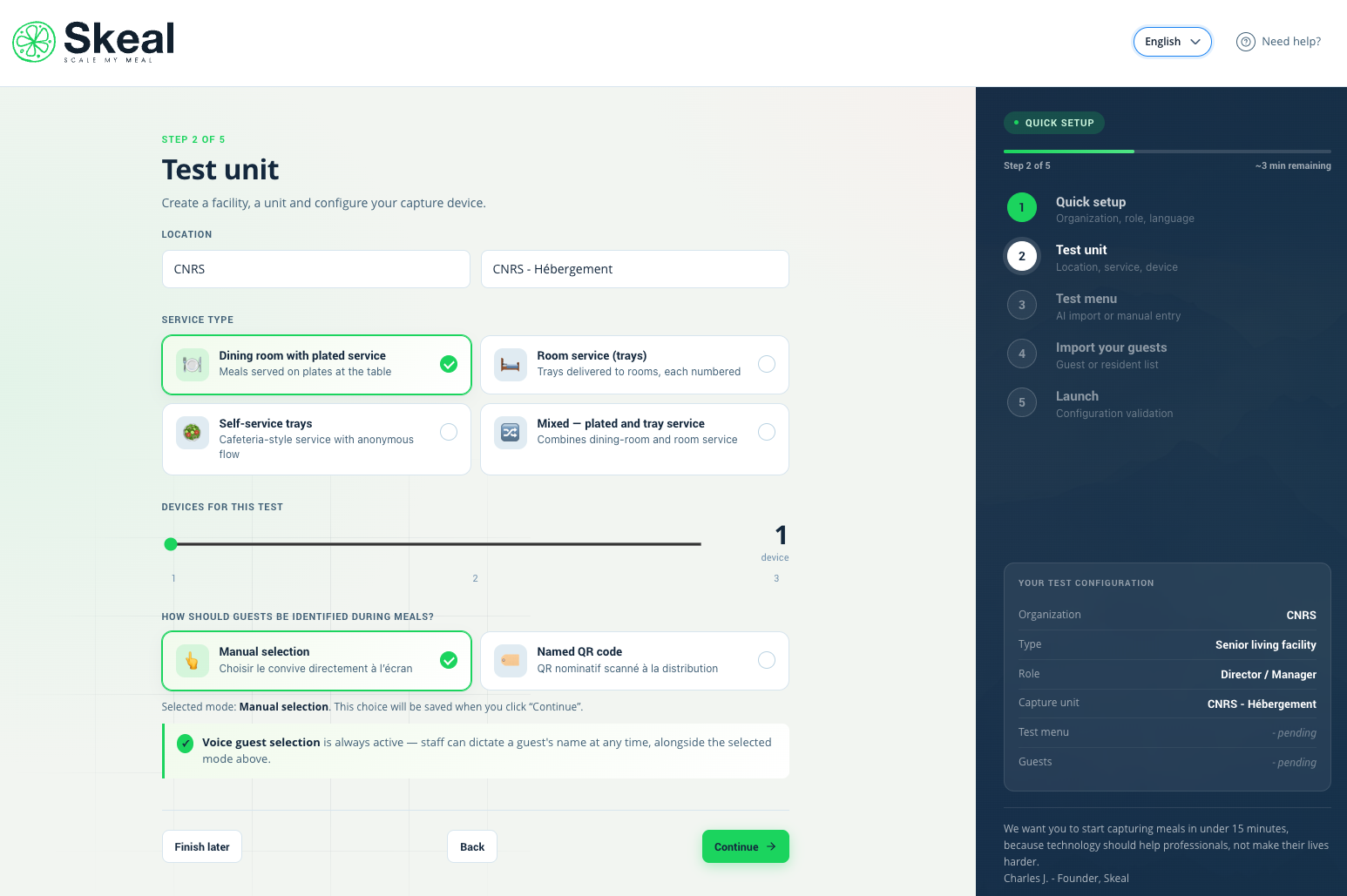 Skeal onboarding and meal-monitoring setup